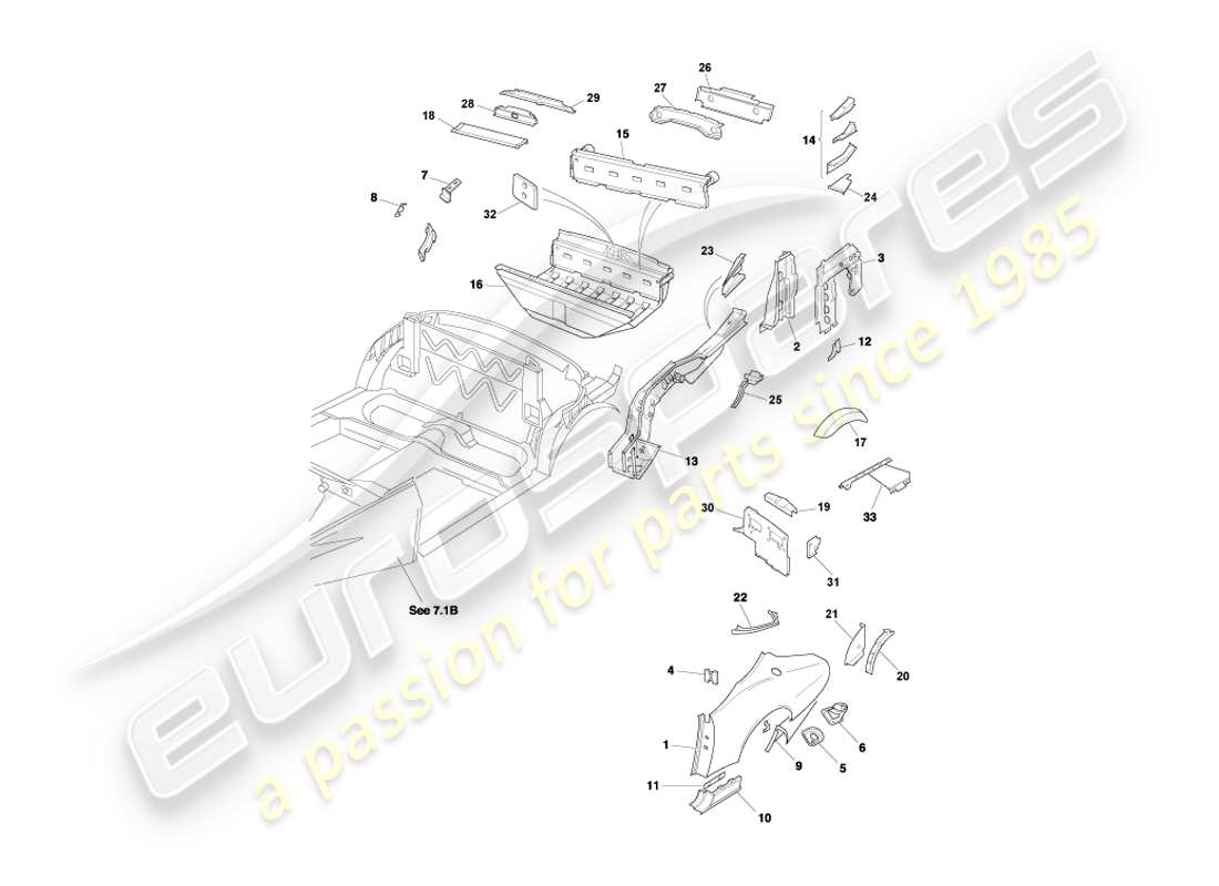 aston martin db7 vantage (2001) pannelli terminali posteriori, diagramma delle parti volante