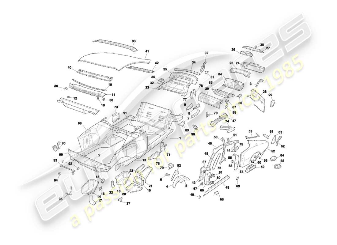 aston martin db7 vantage (2001) pannelli della carrozzeria, diagramma delle parti della coupé