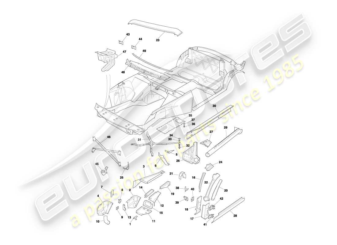 aston martin db7 vantage (2001) pannelli frontali, diagramma delle parti volante
