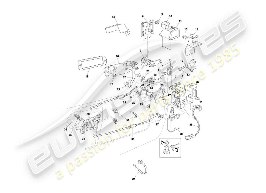 aston martin db7 vantage (2001) schema delle parti del meccanismo di chiusura della porta