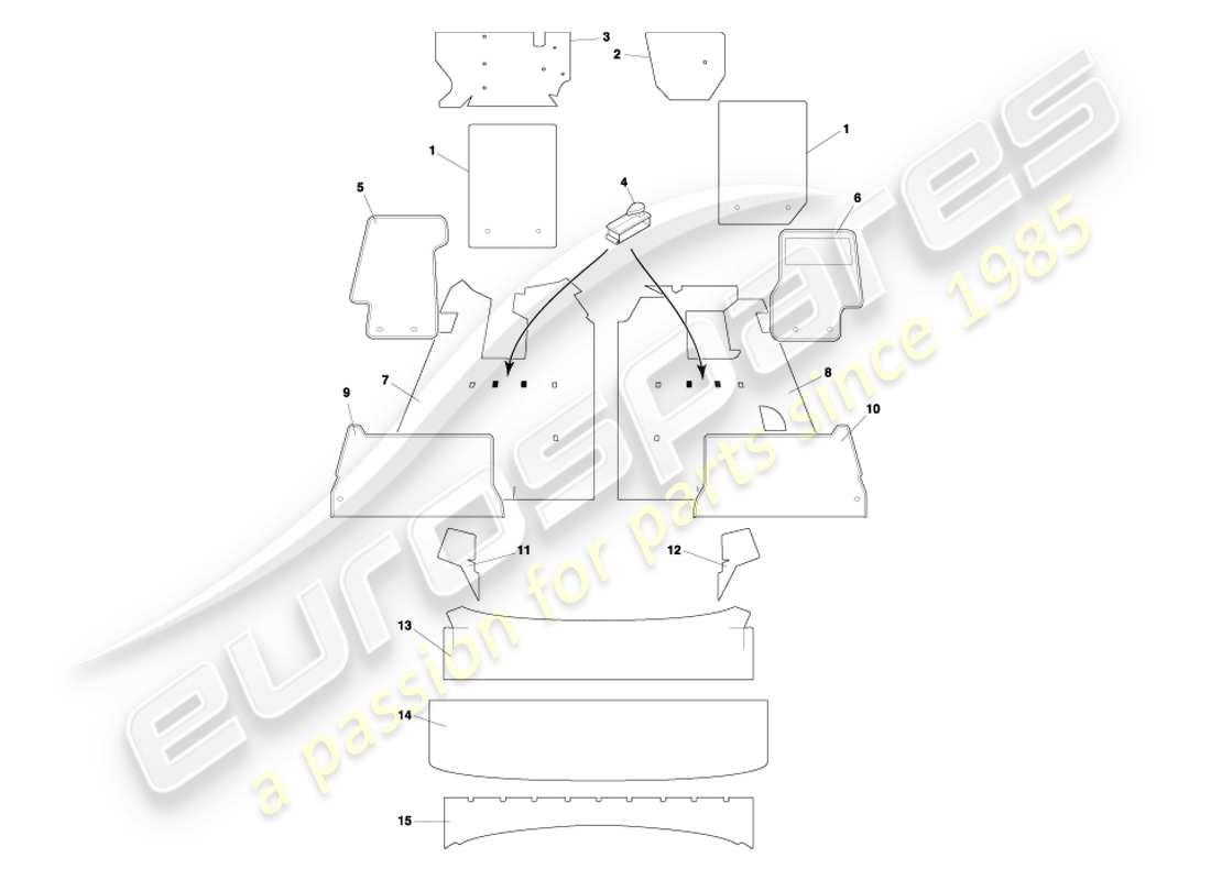 aston martin db7 vantage (2002) diagramma delle parti dei tappeti volante