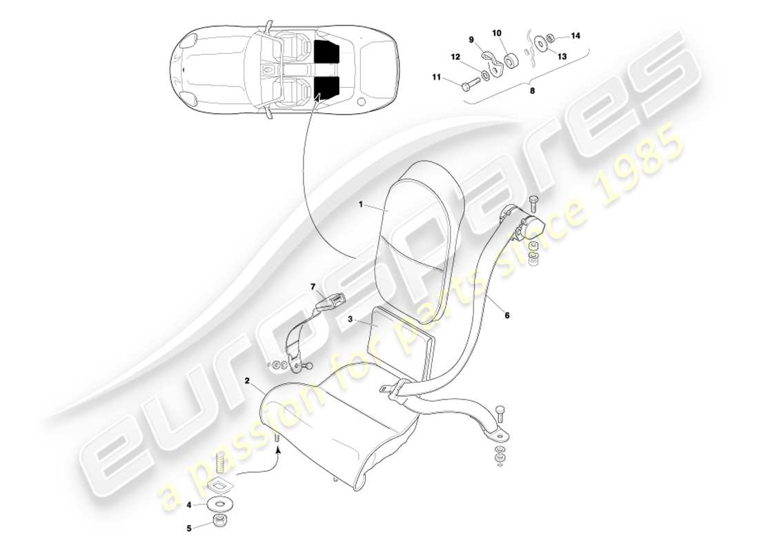 aston martin db7 vantage (2002) diagramma delle parti dei sedili posteriori e delle cinture