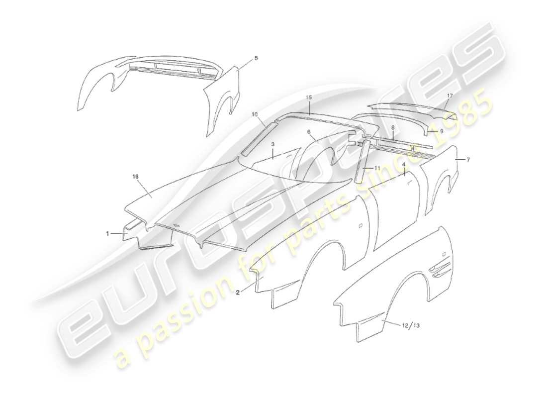 aston martin v8 virage (1999) pannelli della carrozzeria, diagramma delle parti del volante