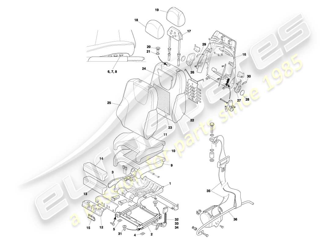 aston martin db7 vantage (2002) diagramma delle parti dei sedili anteriori e delle cinture