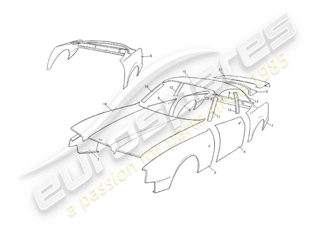 aston martin v8 virage (1999) pannelli della carrozzeria, schema delle parti della berlina
