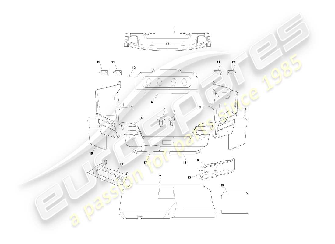 aston martin db7 vantage (2002) schema delle parti del rivestimento e dei tappetini del bagagliaio di una coupé