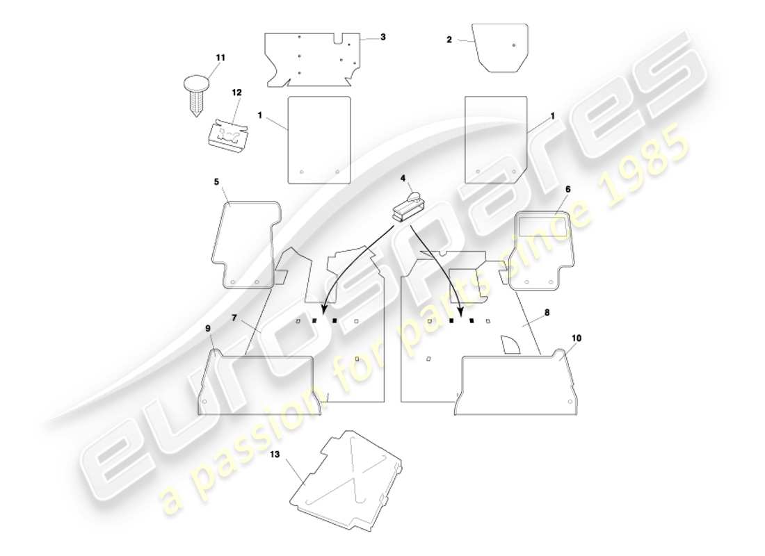 aston martin db7 vantage (2002) diagramma delle parti dei tappeti coupé