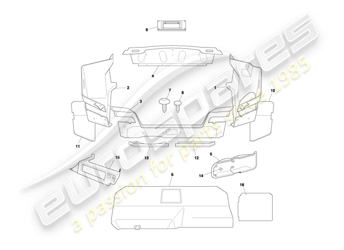 aston martin db7 vantage (2002) diagramma delle parti del rivestimento e dei tappetini del bagagliaio volante
