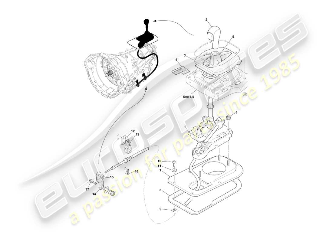 aston martin db7 vantage (2000) schema delle parti del gruppo trasmissione touchtronic e selettore marce