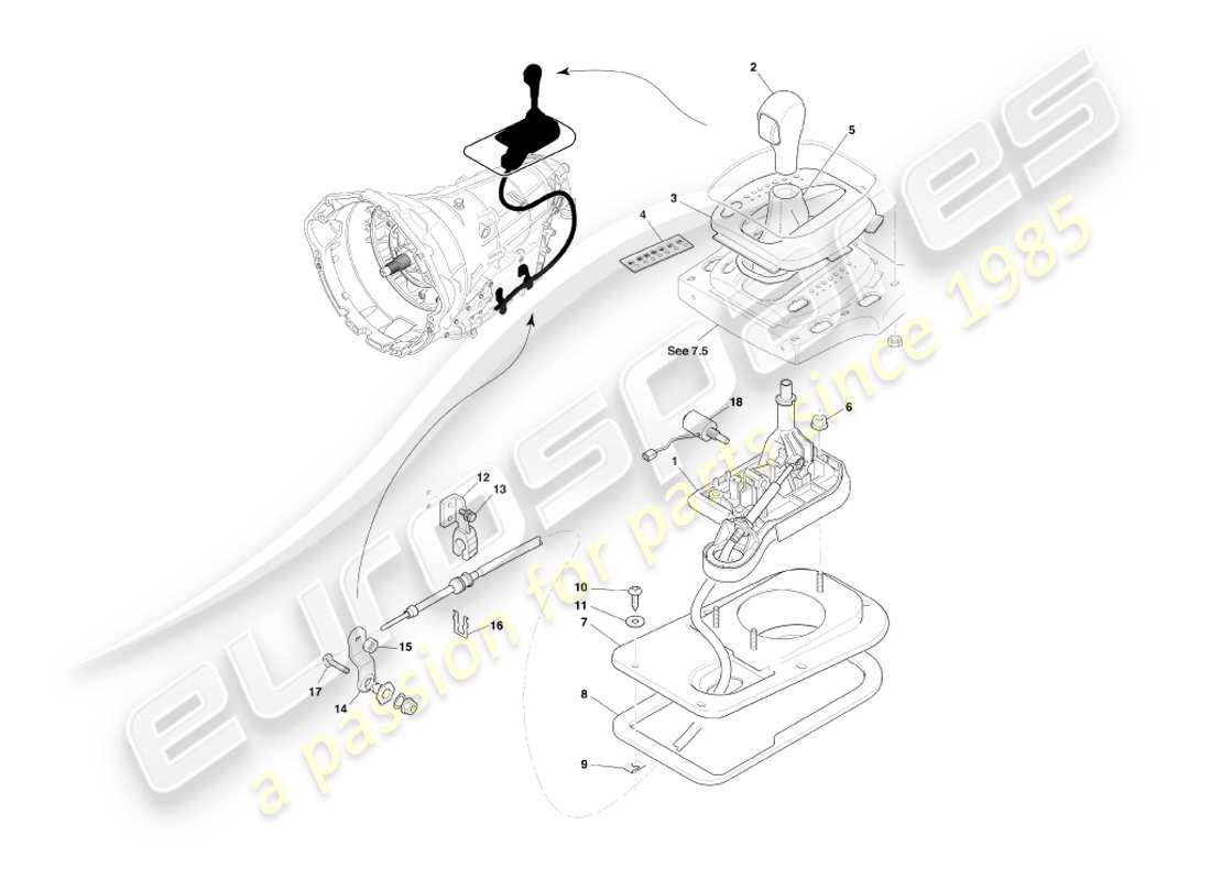 aston martin db7 vantage (2000) schema delle parti del gruppo cambio automatico e selettore marce