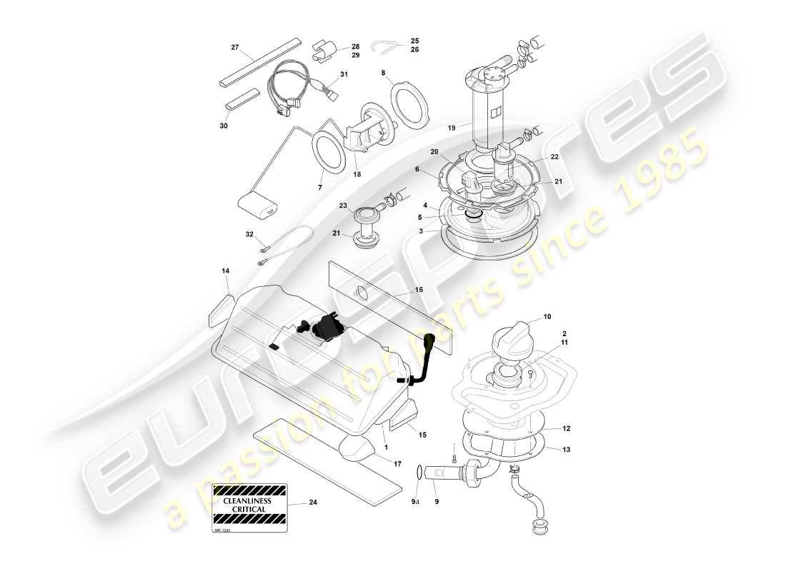aston martin db7 vantage (2002) serbatoio del carburante, diagramma delle parti della coupé