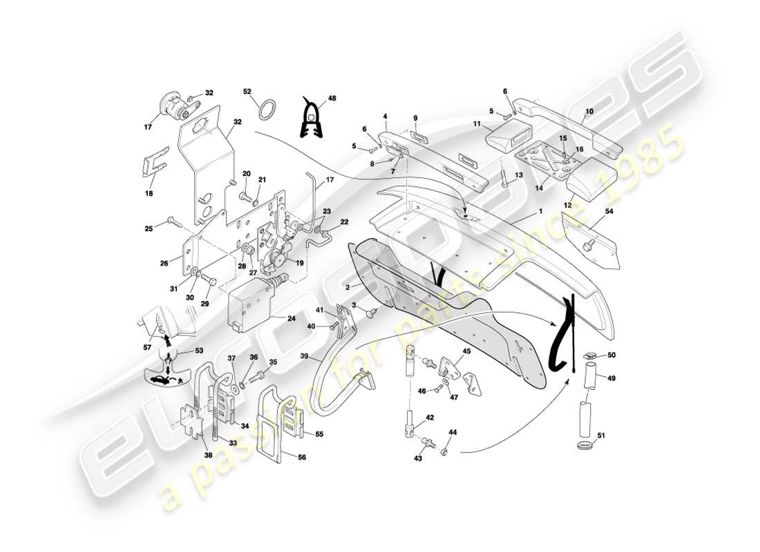 aston martin db7 vantage (1999) diagramma delle parti del coperchio del bagagliaio