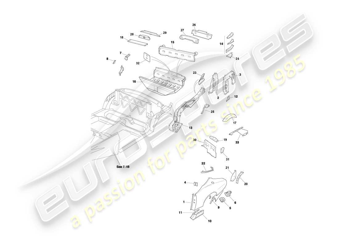 aston martin db7 vantage (1999) pannelli terminali posteriori, diagramma delle parti volante