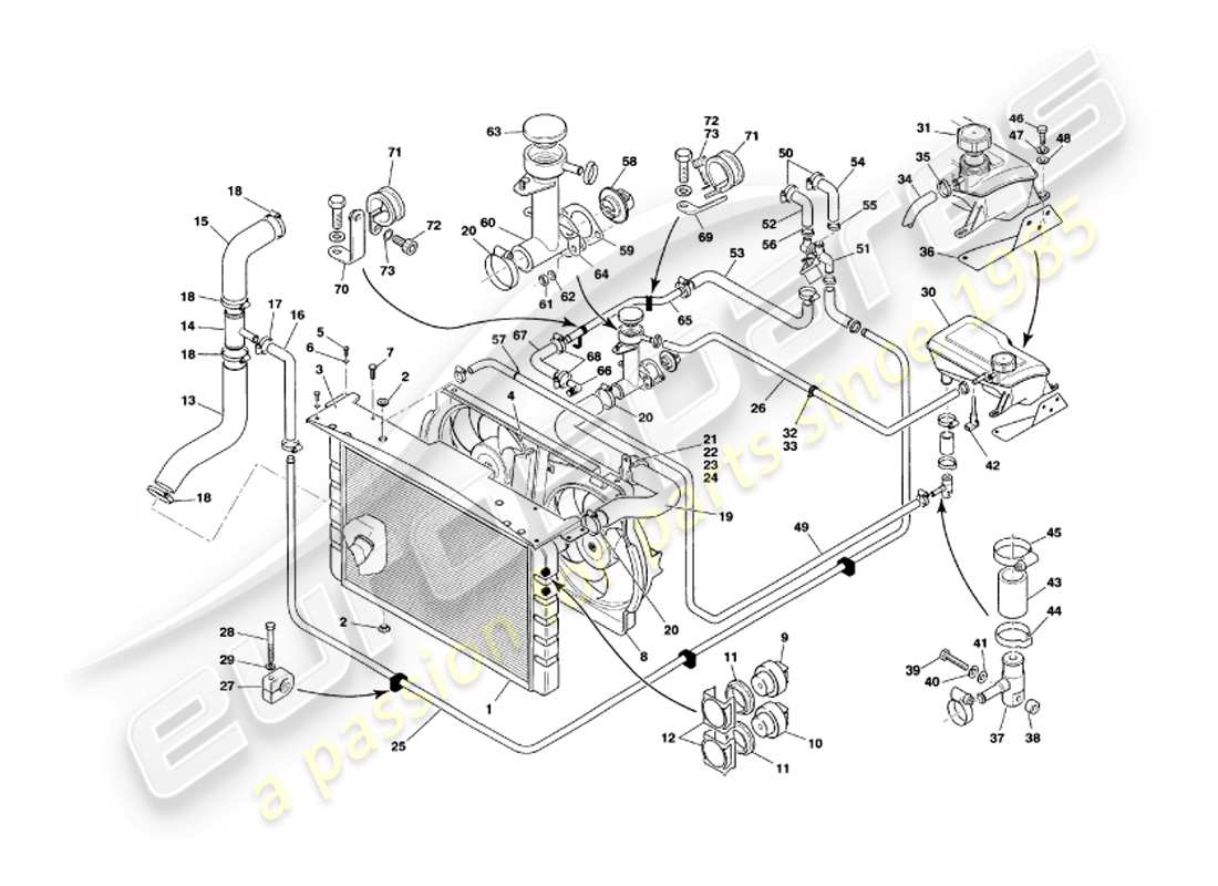 aston martin v8 volante (2000) sistema di raffreddamento ad acqua diagramma delle parti
