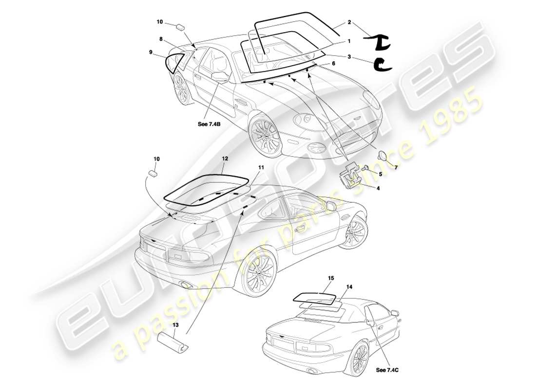 aston martin db7 vantage (2002) diagramma della parte in vetro