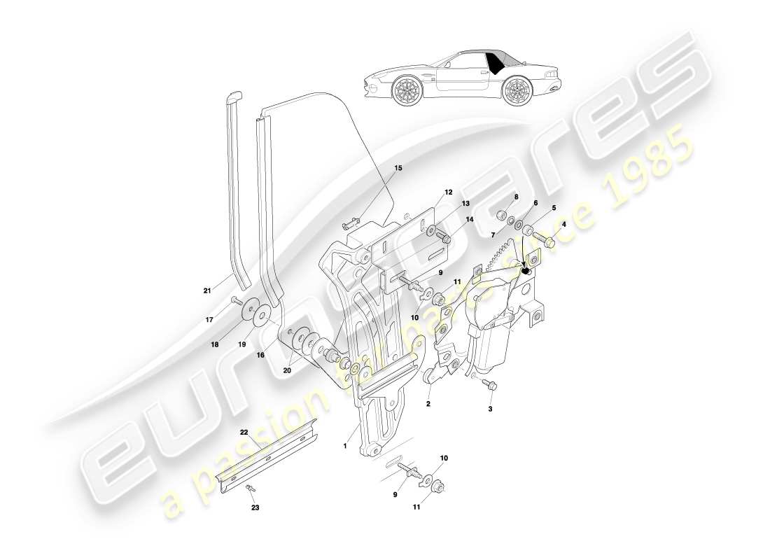aston martin db7 vantage (2002) diagramma delle parti del vetro e del meccanismo del quarto posteriore volante