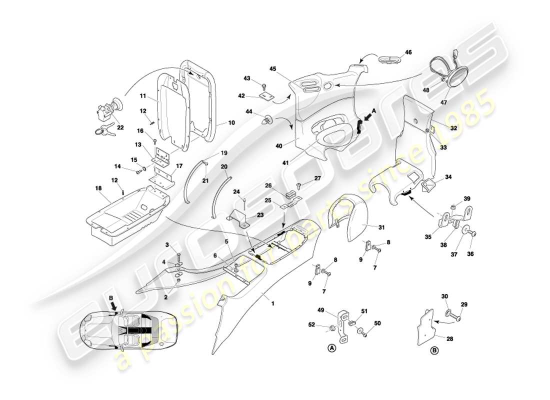 aston martin db7 vantage (2002) console centrale e finiture, diagramma delle parti volante