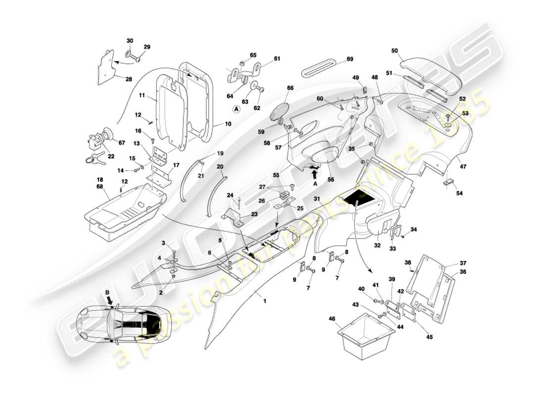 aston martin db7 vantage (2002) console centrale e finiture, diagramma delle parti coupé