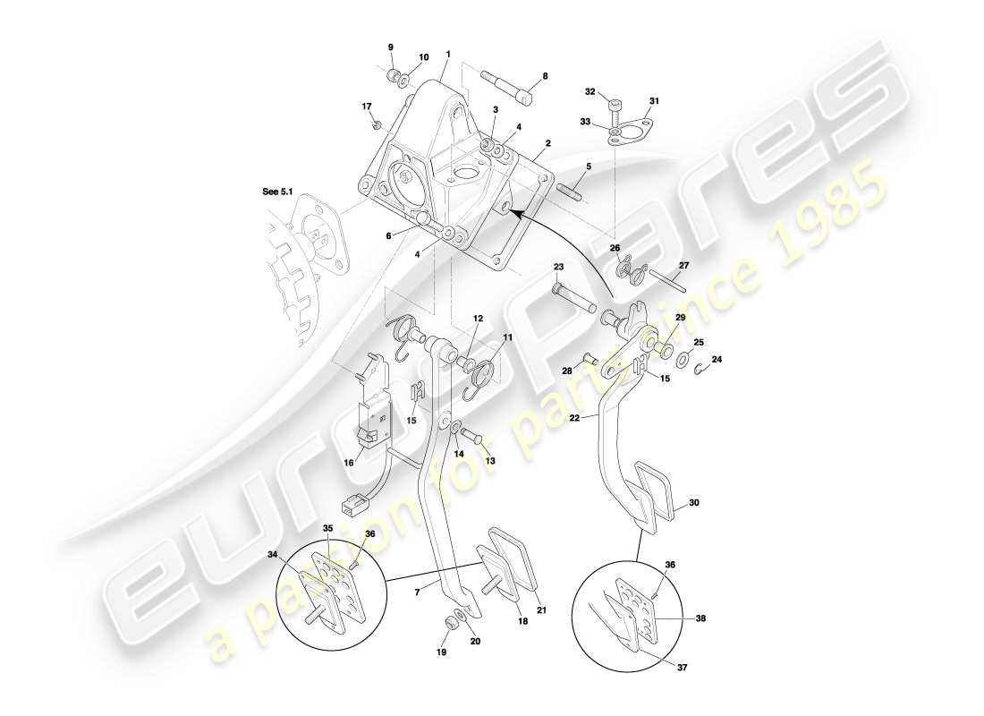 aston martin db7 vantage (2000) schema delle parti dell'ingranaggio del pedale, del freno manuale e della frizione