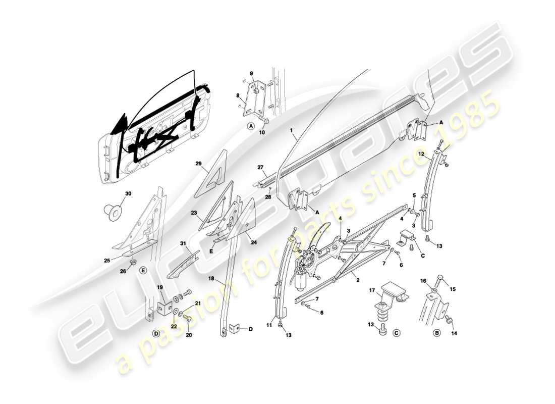 aston martin db7 vantage (2000) diagramma delle parti del vetro e dei telai delle porte