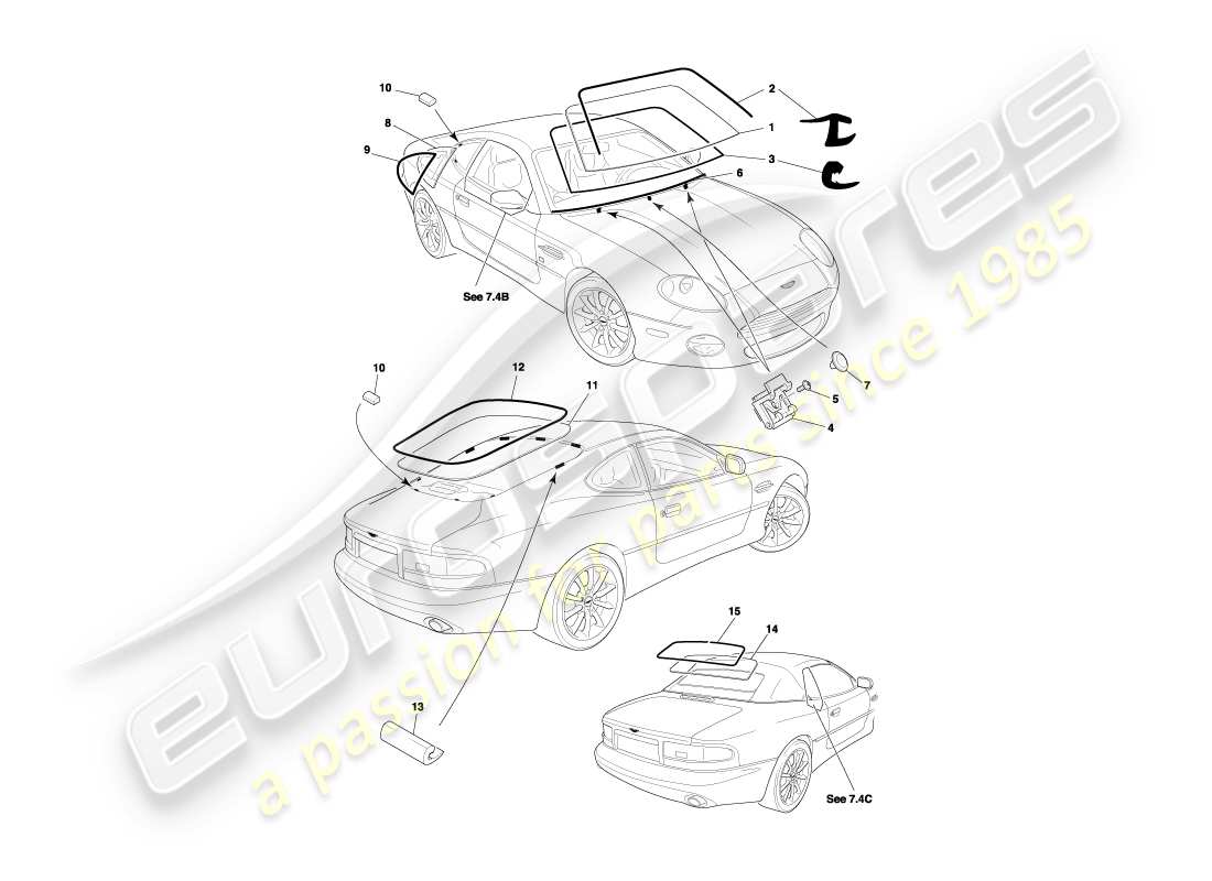 aston martin db7 vantage (2000) diagramma della parte in vetro