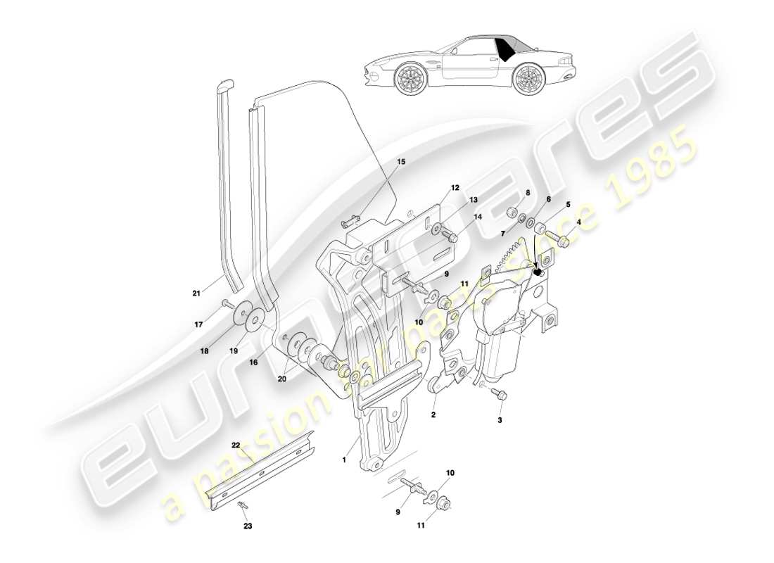 aston martin db7 vantage (2000) diagramma delle parti del vetro e del meccanismo del quarto posteriore volante