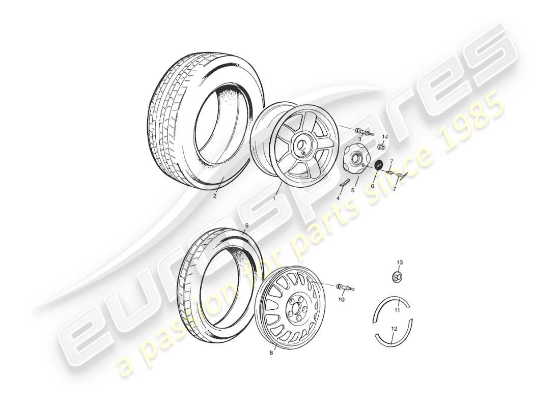 aston martin v8 virage (1999) diagramma delle parti di ruote e pneumatici, solo volante