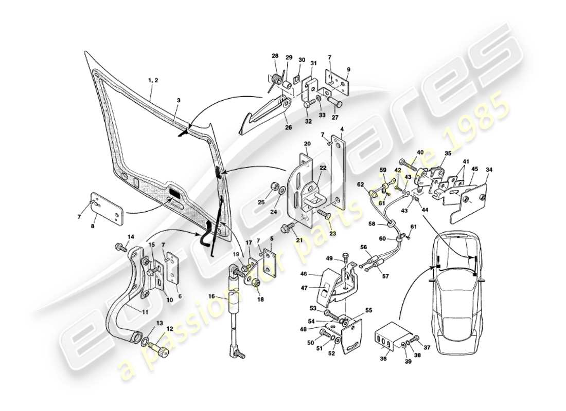 aston martin v8 coupe (1999) cofano diagramma delle parti