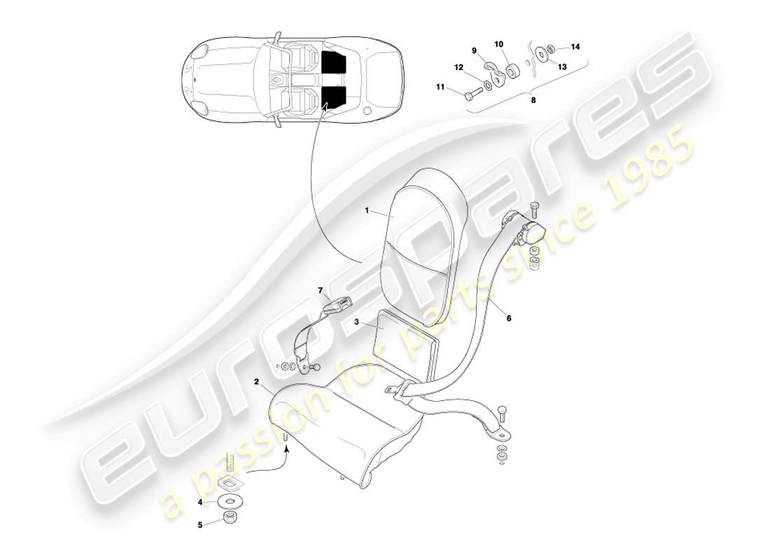 aston martin db7 vantage (2003) diagramma delle parti dei sedili posteriori e delle cinture