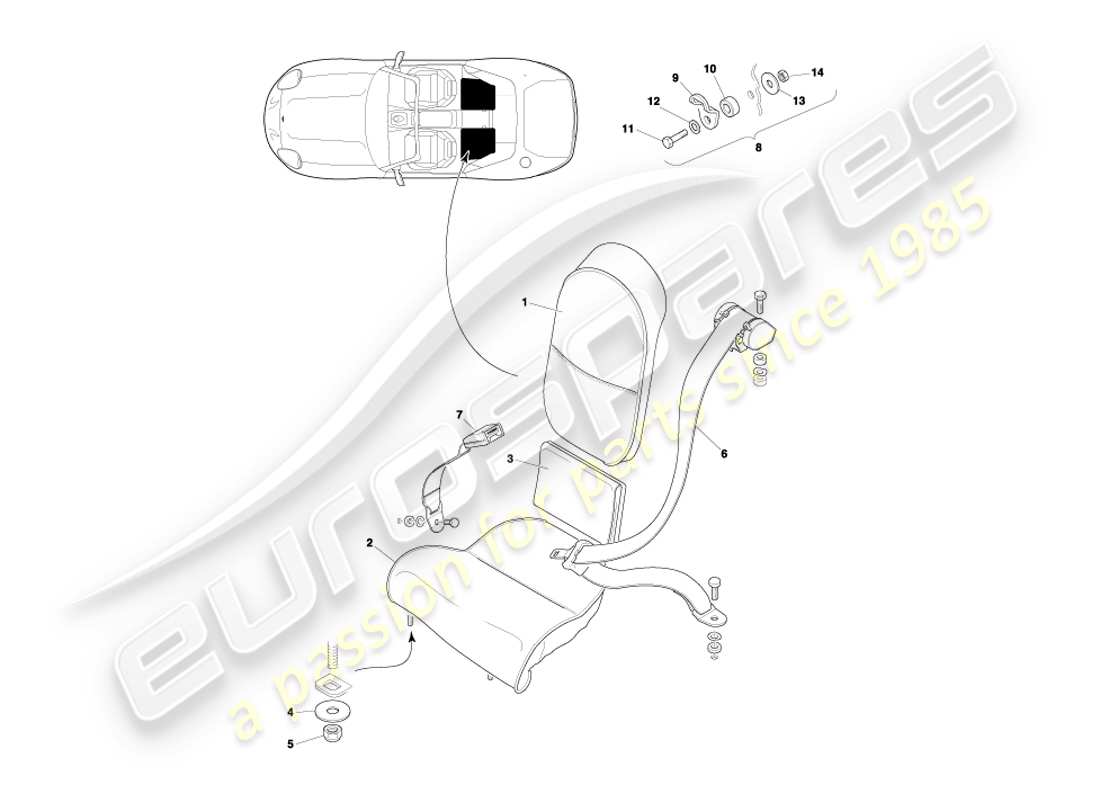 aston martin db7 vantage (2004) diagramma delle parti dei sedili posteriori e delle cinture