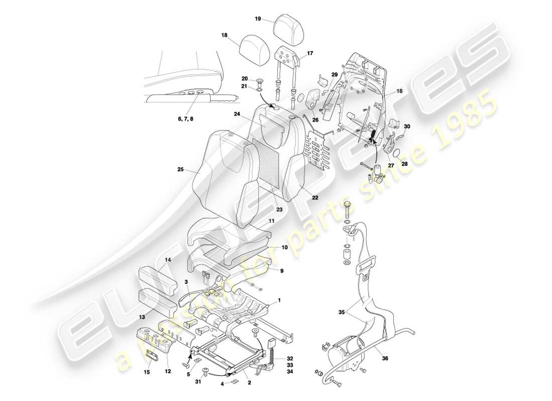 aston martin db7 vantage (2004) diagramma delle parti dei sedili anteriori e delle cinture