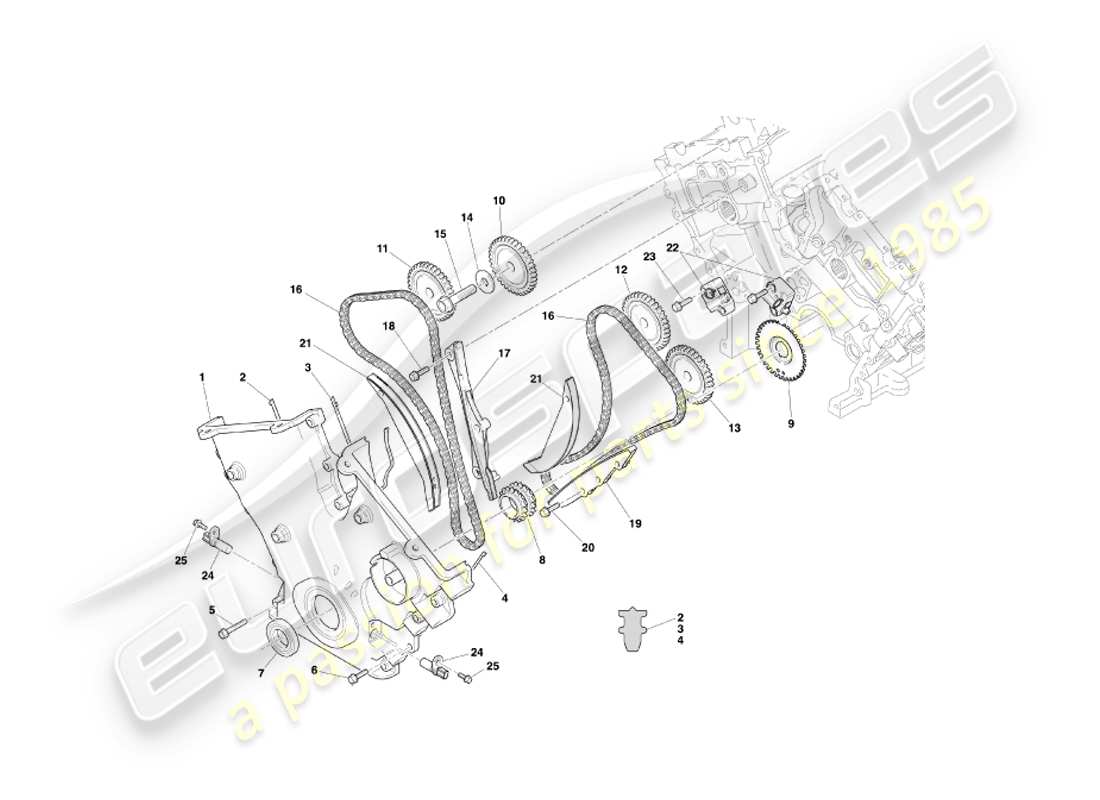 aston martin db7 vantage (2001) schema delle parti della scatola della distribuzione, della pompa dell'acqua e dei pignoni
