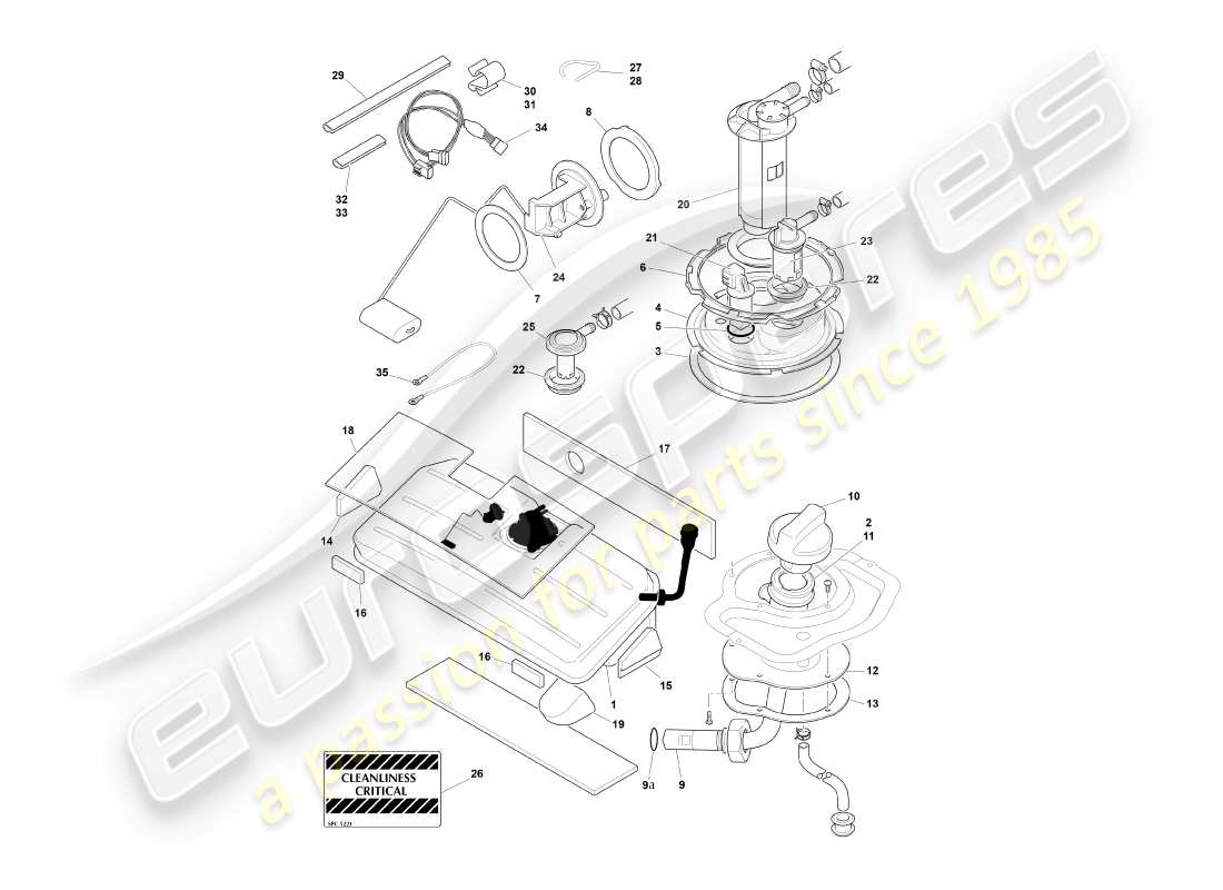 aston martin db7 vantage (2000) serbatoio del carburante, diagramma delle parti del volante