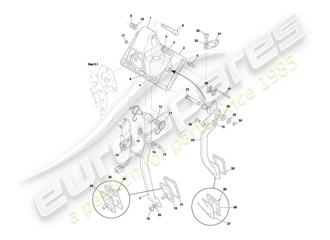 aston martin db7 vantage (2001) schema delle parti dell'ingranaggio del pedale, del freno manuale e della frizione