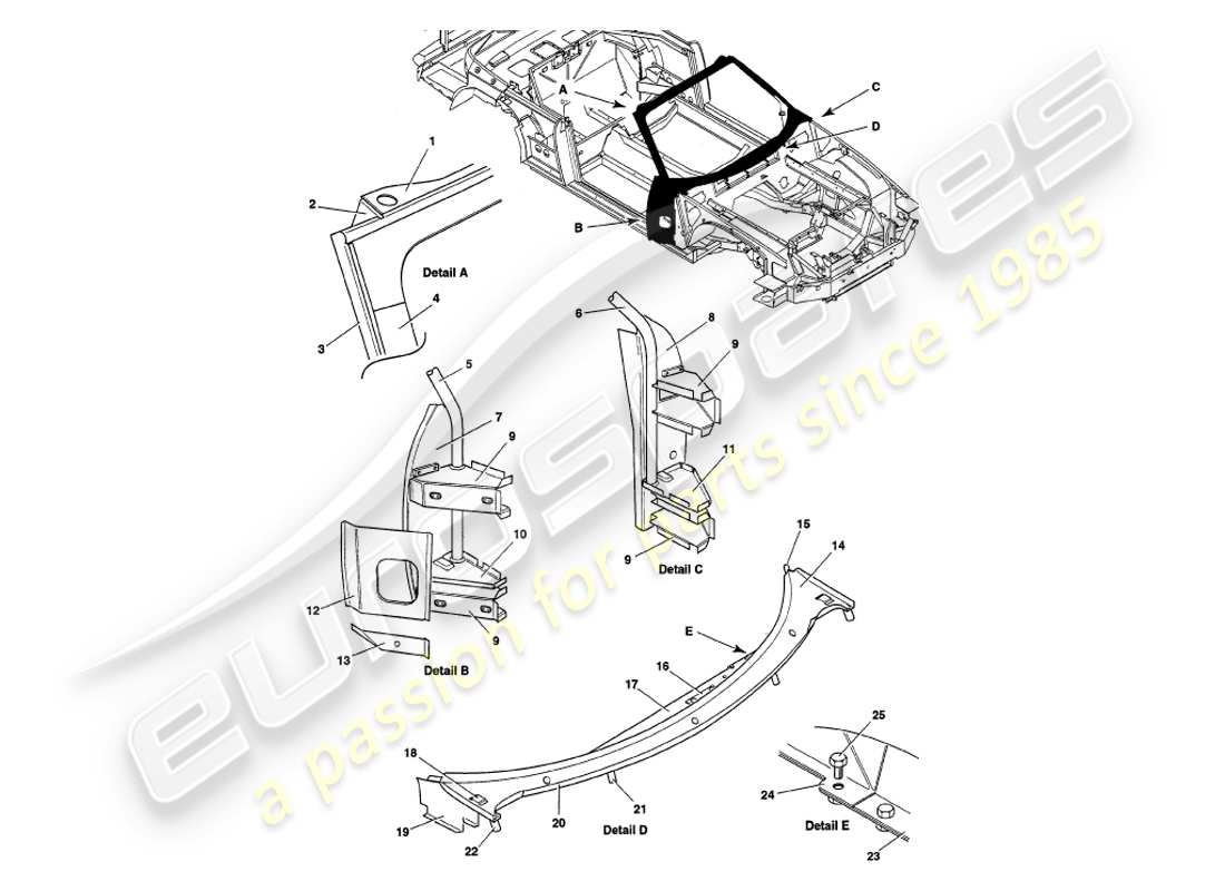 aston martin v8 volante (1998) diagramma delle parti della sovrastruttura