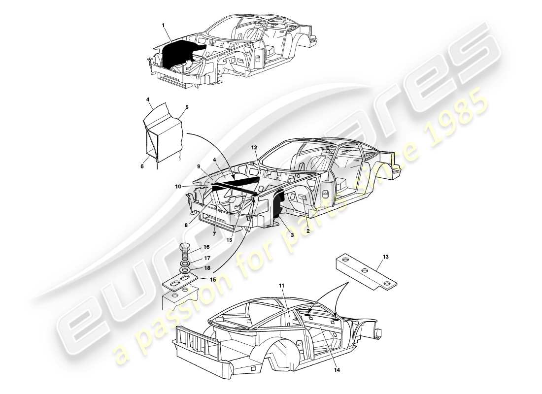 aston martin v8 coupe (2000) diagramma delle parti dei pannelli del telaio
