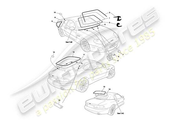aston martin db7 vantage (2001) diagramma della parte in vetro