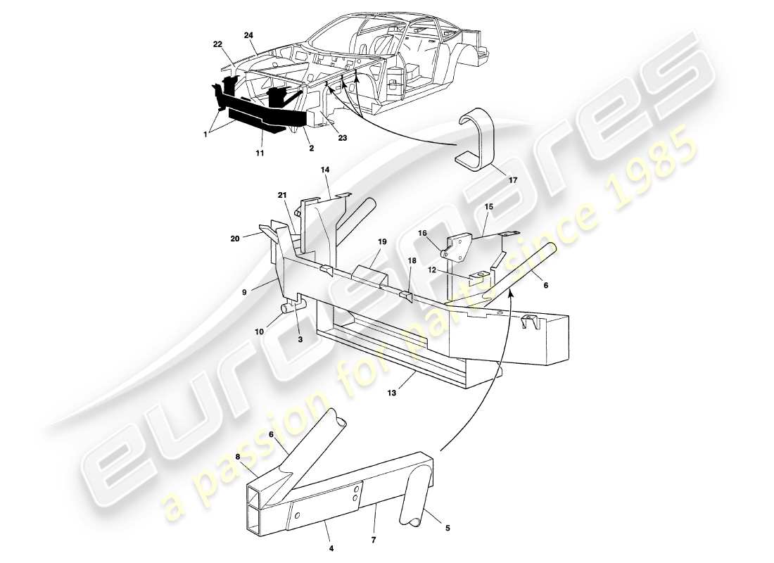 aston martin v8 coupe (2000) diagramma delle parti del telaio di supporto del paraurti anteriore