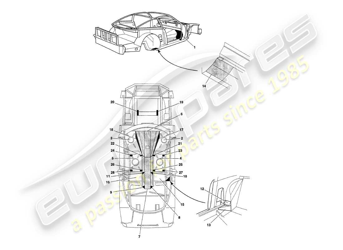 aston martin v8 coupe (2000) diagramma delle parti dei pannelli del telaio
