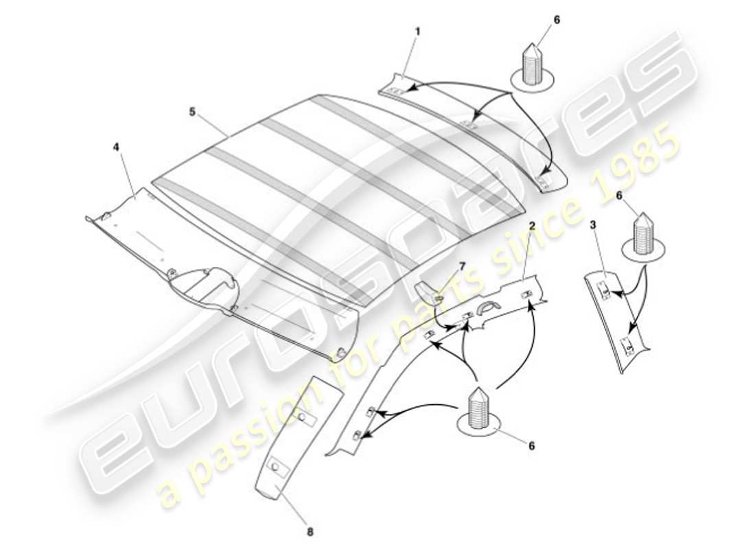 aston martin vanquish (2001) rivestimento superiore e rivestimento del tetto diagramma delle parti