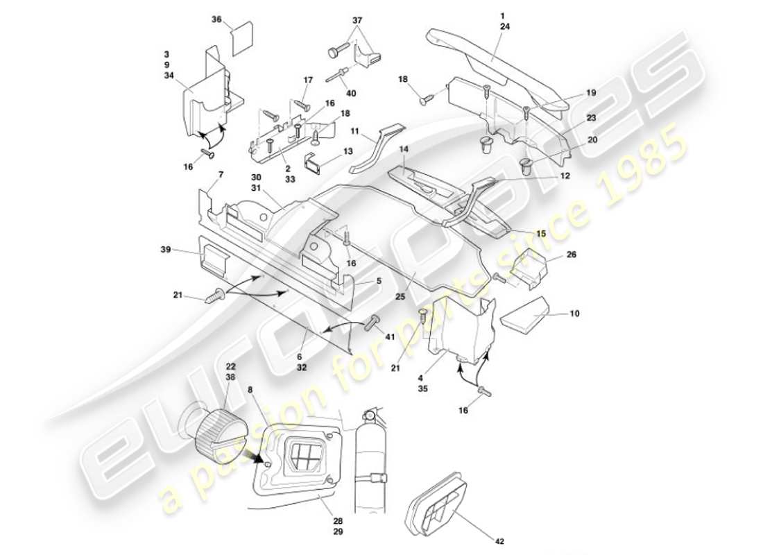 aston martin vanquish (2001) diagramma delle parti del rivestimento del bagagliaio e dei tappetini