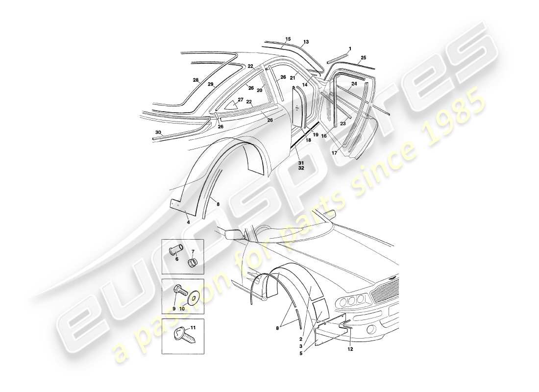 aston martin v8 coupe (2000) diagramma delle parti delle guarnizioni meteorologiche