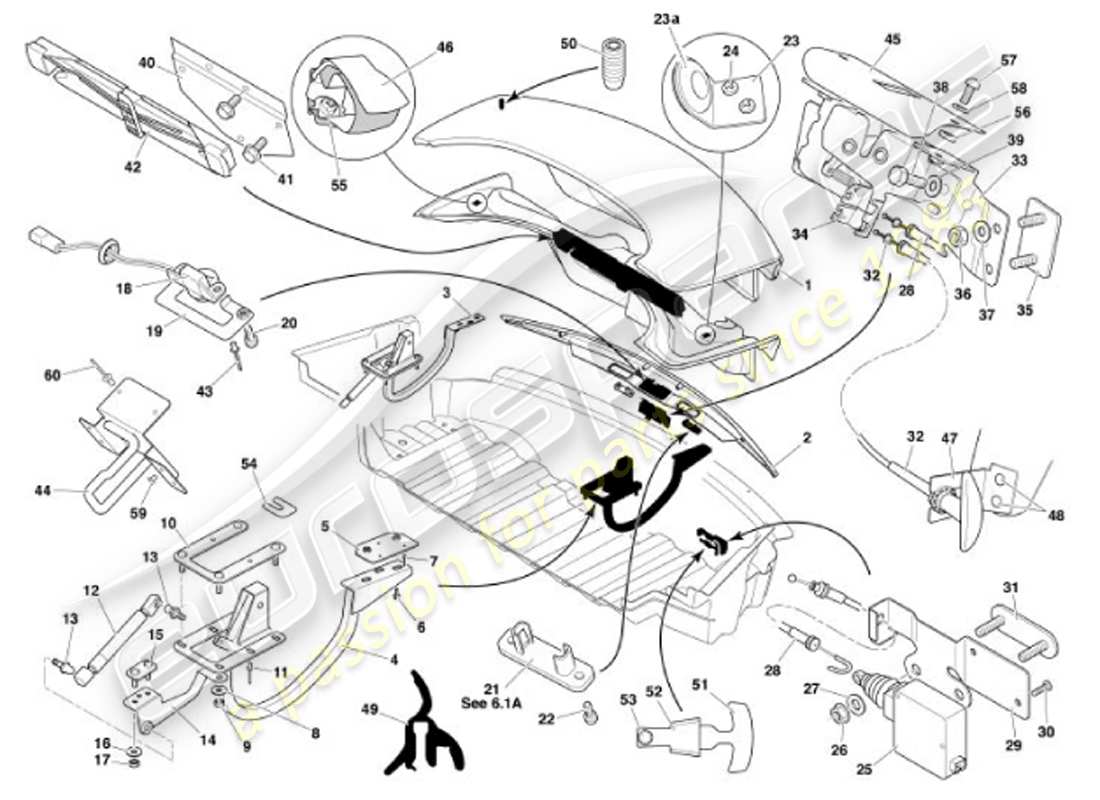 aston martin vanquish (2001) diagramma delle parti del coperchio del bagagliaio