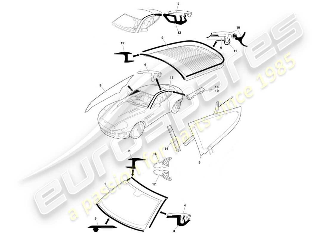 aston martin vanquish (2001) diagramma delle parti di vetro e finiture