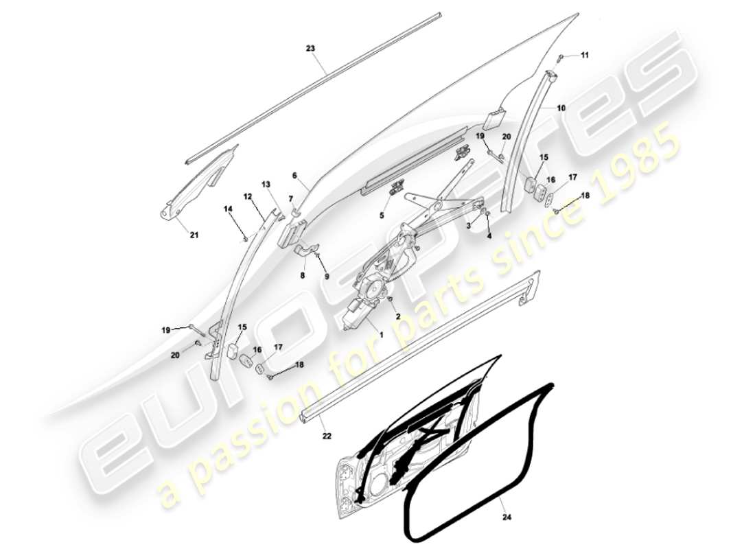 aston martin vanquish (2001) diagramma delle parti del vetro e dei telai delle porte