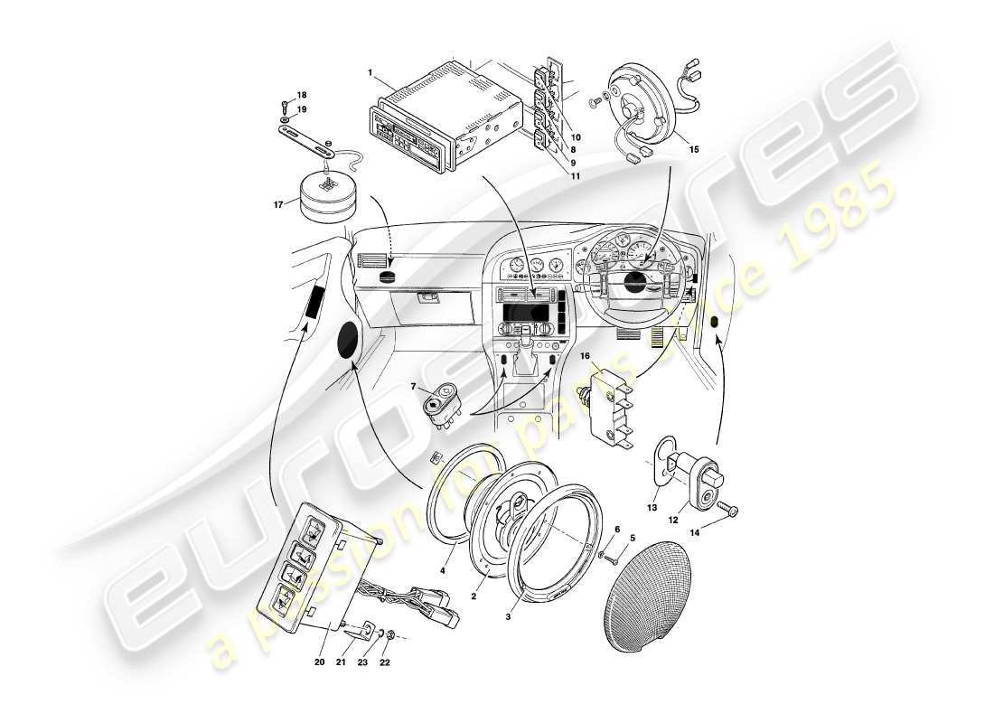 aston martin v8 coupe (1999) strumenti e controlli diagramma delle parti