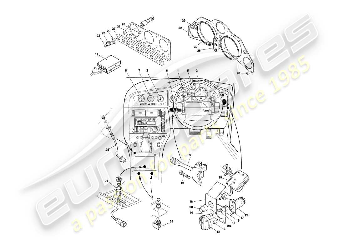 aston martin v8 coupe (1999) strumenti e controlli diagramma delle parti