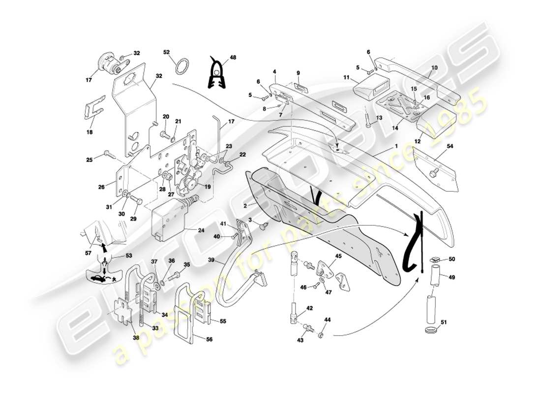 aston martin db7 vantage (2003) diagramma delle parti del coperchio del bagagliaio