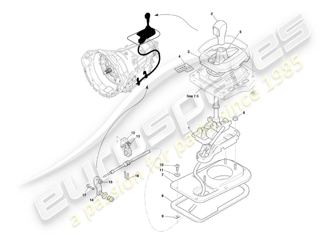 aston martin db7 vantage (2004) schema delle parti del gruppo trasmissione touchtronic e selettore marce
