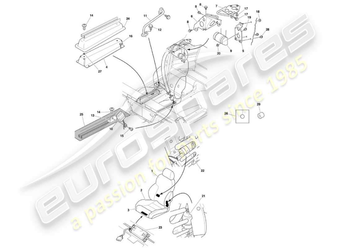 aston martin vanquish (2001) diagramma delle parti dei sedili anteriori e delle cinture